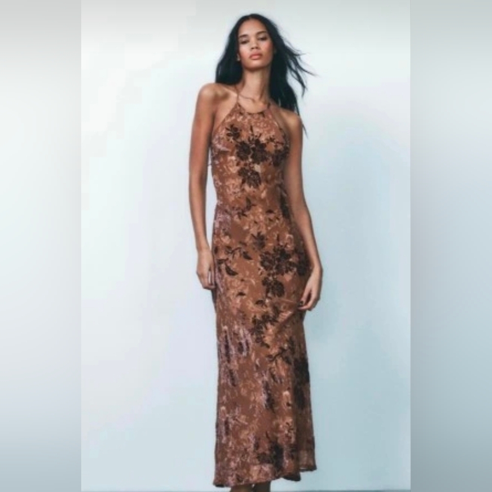 Zara - Velvet Floral Halter Maxi Dress